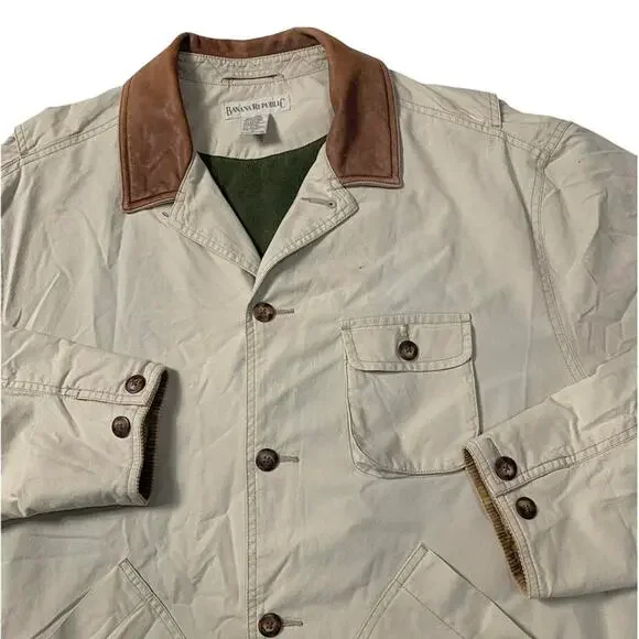 Banana Republic Vintage 90s Leather Collar Safari Khaki Field Jacket Medium